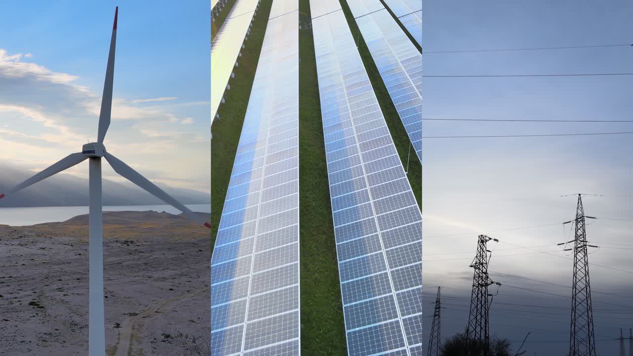 Collage of solar panels, wind turbines and power transmission lines showcasing sustainable energy sources and clean technology for a renewable future