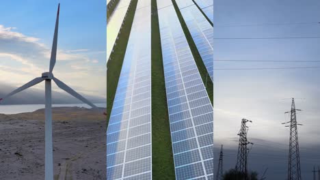 collage of solar panels, wind turbines and power transmission lines showcasing sustainable energy sources and clean technology for a renewable future