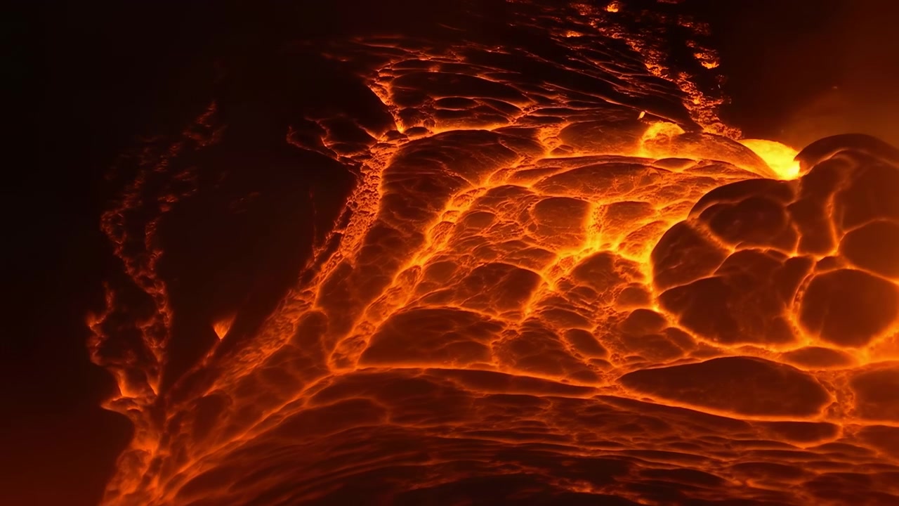Vista aproximada da textura de lava incandescente revela canais brilhantes em movimento e crosta escura e áspera, com iluminação laranja vívida, movimento fluido e padrões naturais abstratos preenchendo o quadro.