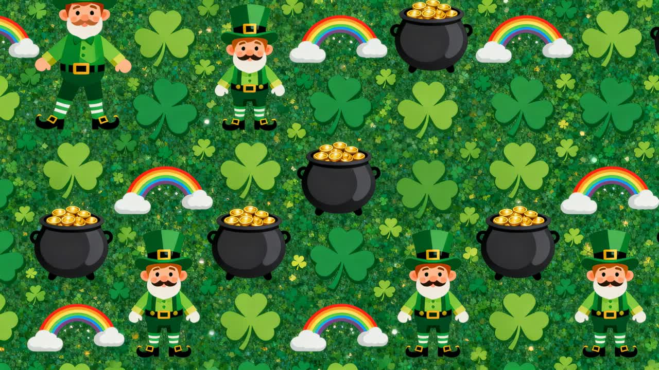 Animating leprechauns in green hats, pots and rainbows shifting across clover field for St Patrick