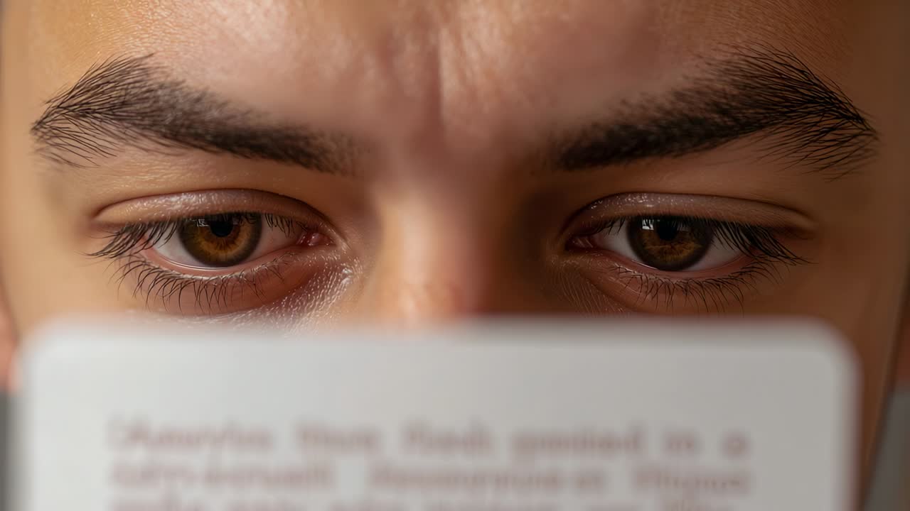 Uomo che guarda una card, appoggiato, che mette a fuoco gli occhi e legge una card stampata per i dettagli all'interno di una stanza calda