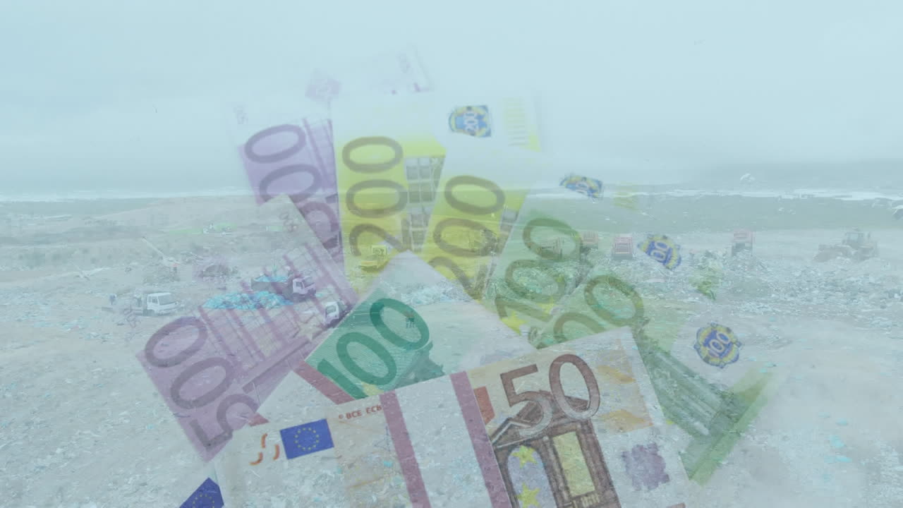 animación de varios billetes de euro sobre un vertedero de basura