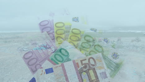 animatie van meerdere eurobankbiljetten boven een vuilnisbelt
