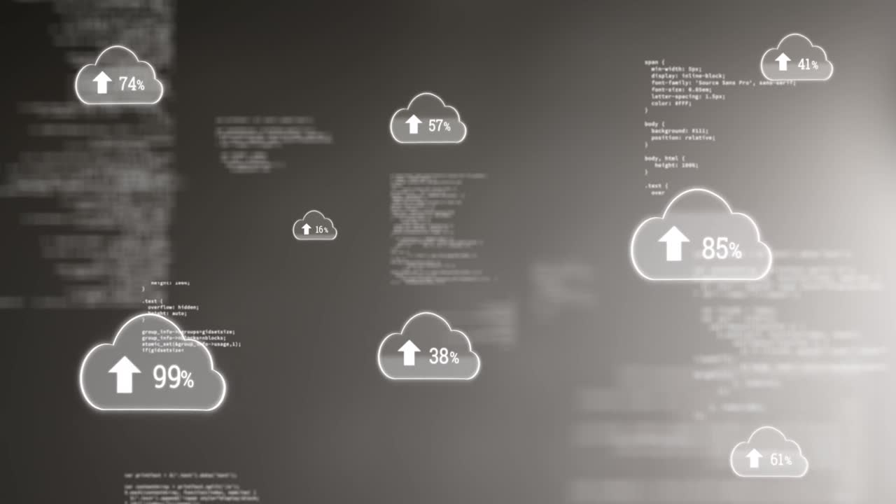 animación de procesamiento de datos y nubes con porcentaje en fondo negro