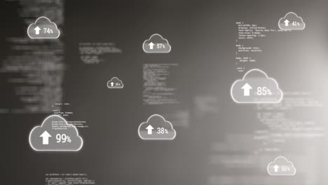 Animation-of-data-processing-and-clouds-with-percentage-on-black-background