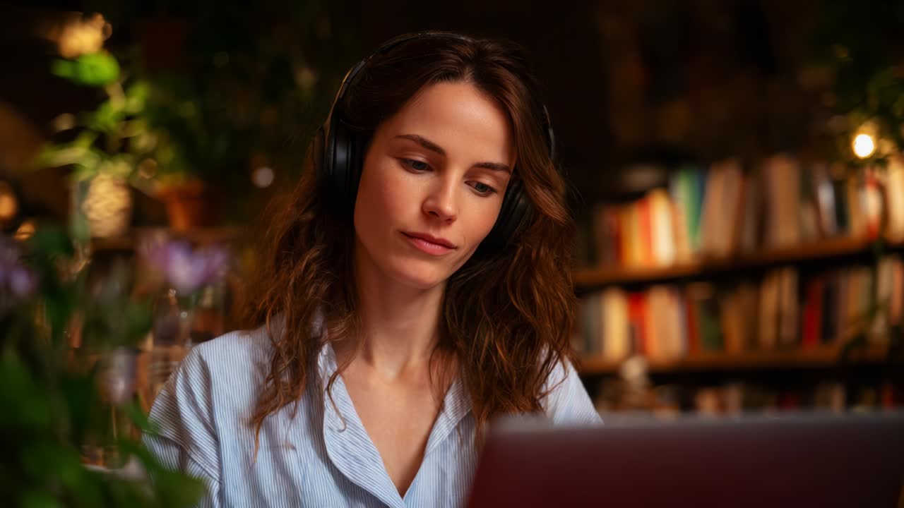 A young woman wearing headphones is focused on her laptop screen in a warm, cozy environment filled with books, creating an atmosphere of concentration and productivity amidst soft lighting and greenery