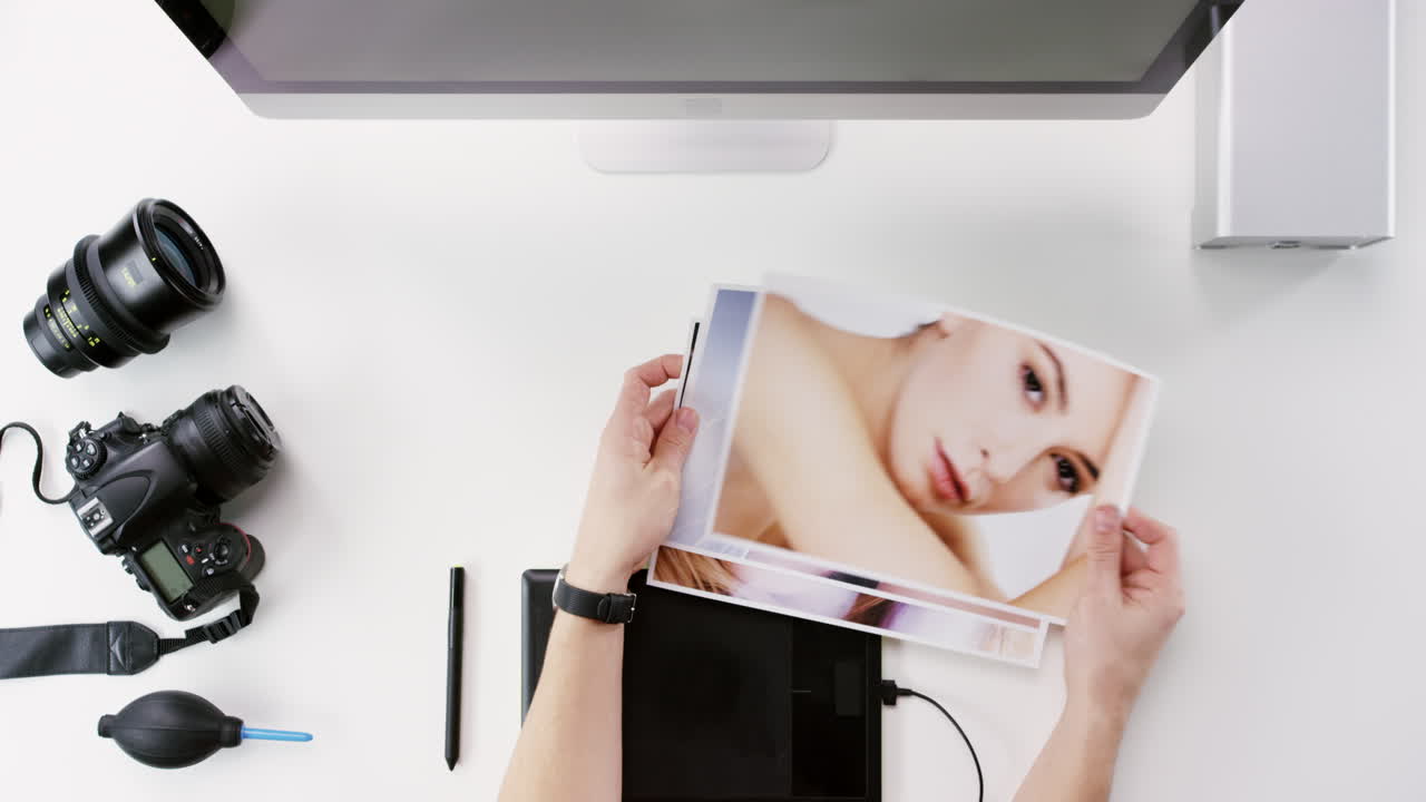 espacio de trabajo de edición de fotos con imágenes impresas