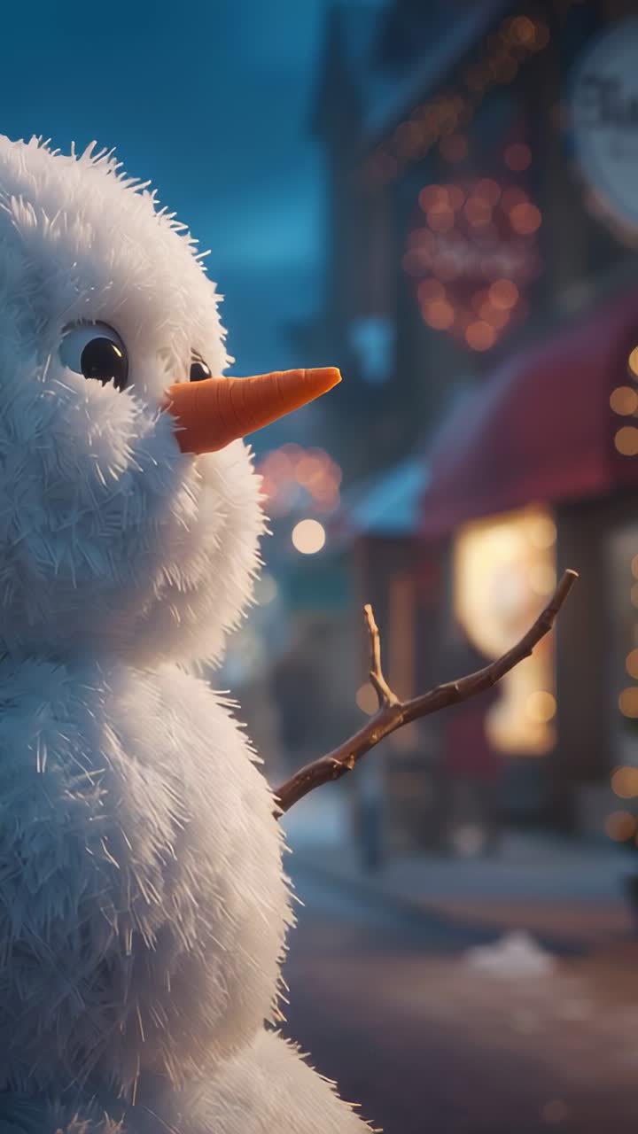 Vertical video: Drifting flurries causing camera panning street, showing snowman lit window