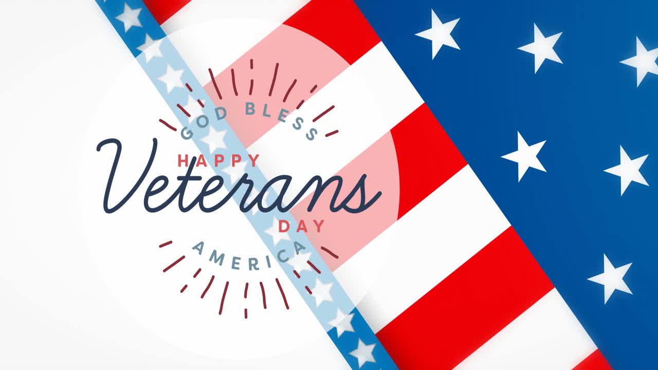Animazione della scritta "Happy Veteran Day" sulla bandiera degli USA e linee su sfondo bianco