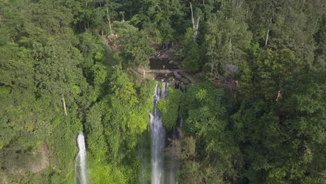 los turistas disfrutan de la vista como retiros aéreos de la exuberante cascada de la jungla de bali