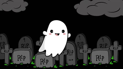 Animation-of-flying-ghost-over-cemetery-on-black-background