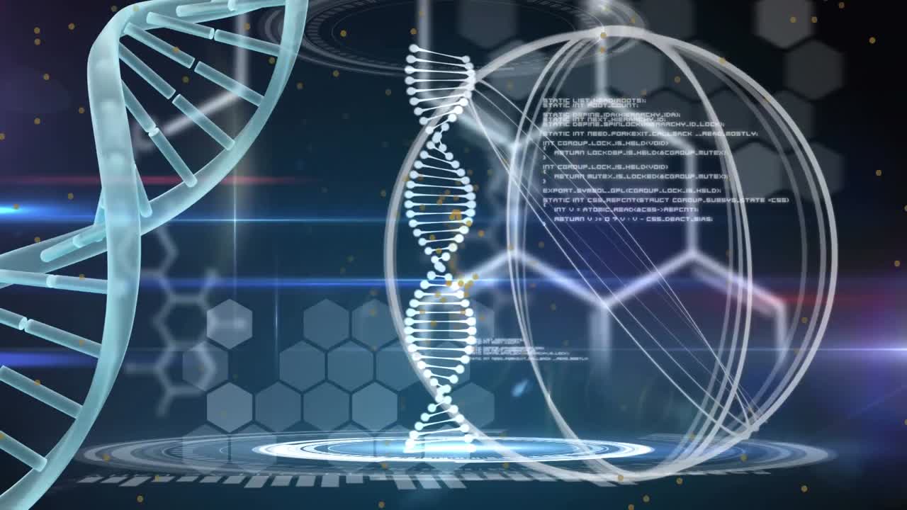 Animation of scientific data processing over dna strands on blue background