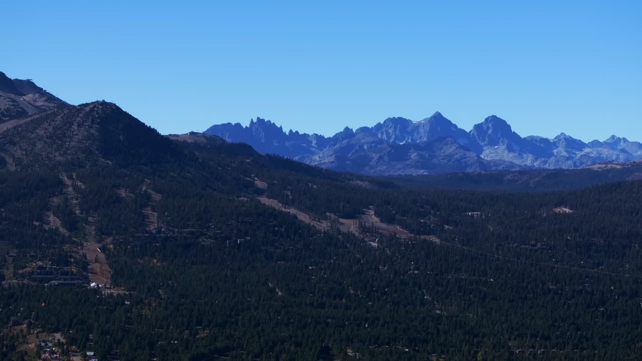 Minarets Vista scenic ridge Mammoth Lakes Mountain Ski Area aerial drone California Inyo forest McCoy Station Main lodge Upper Panorama Gondola summer autumn fall sunny blue sky gondola circle left