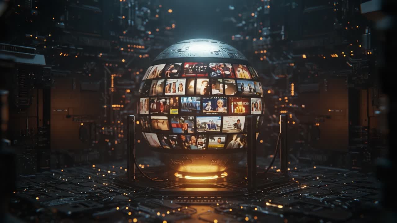 A Futuristic Digital Sphere Displaying a Variety of Multimedia Content Surrounded by an Intricate Network of Circuitry and Lights in an Advanced Technological Setting