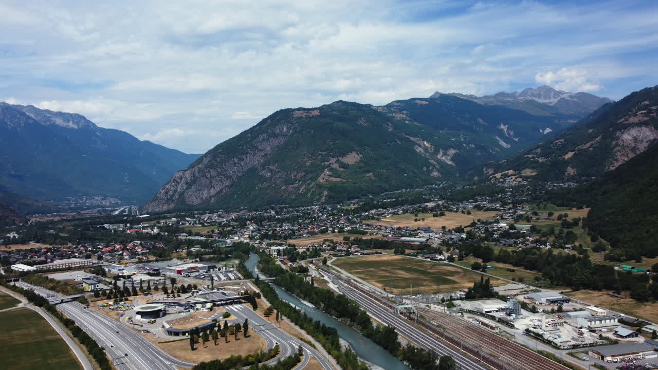 Aerial view of a town nestled in the French Alps