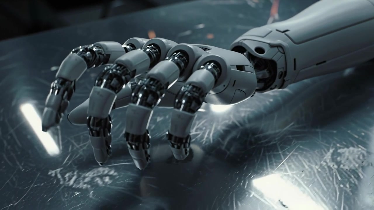 Activating robotic forearm and hand, servos curling fingers into fist on shiny metal bench for test