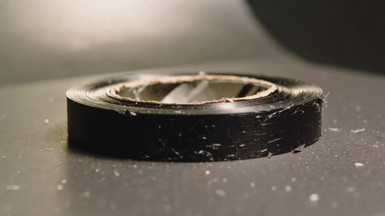Pulling camera back revealing tape roll exposing core and lint on tabletop as right light accenting