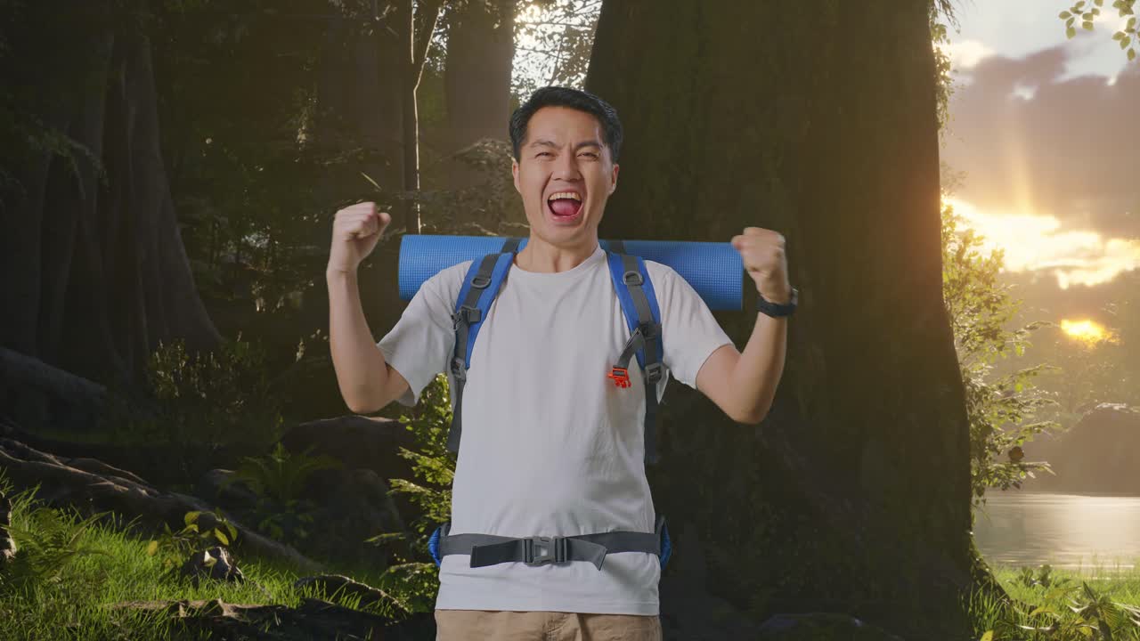 산악 등반 배 을 들고 있는 아시아 남자 산책객 은 숲 의 자연 을 탐험 하는 동안 성공 을 축하 하는 목표 를 외치고 있다