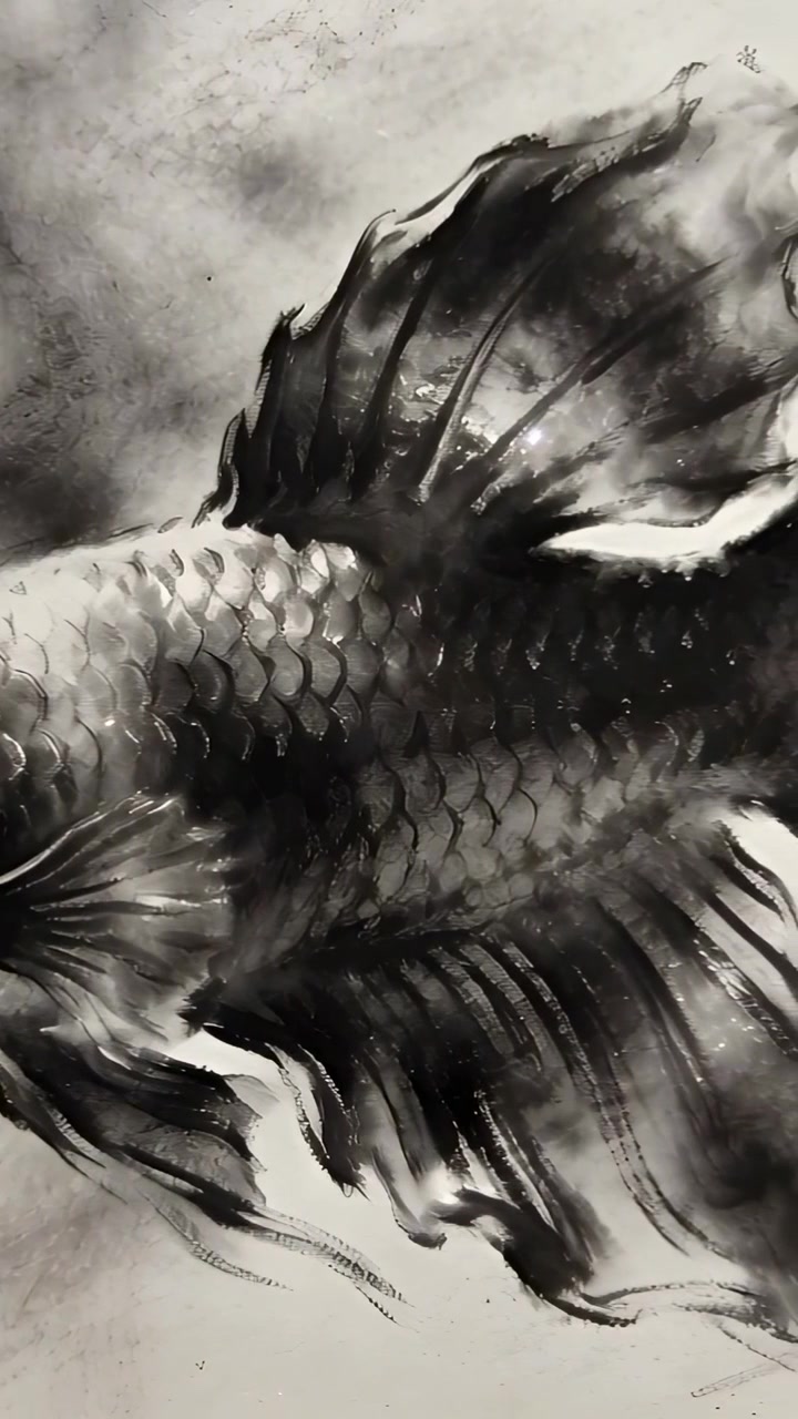 Video verticale: Telecamera panoramica che rivela un dipinto di pesce a inchiostro in studio, mostrando pennellate e pinne
