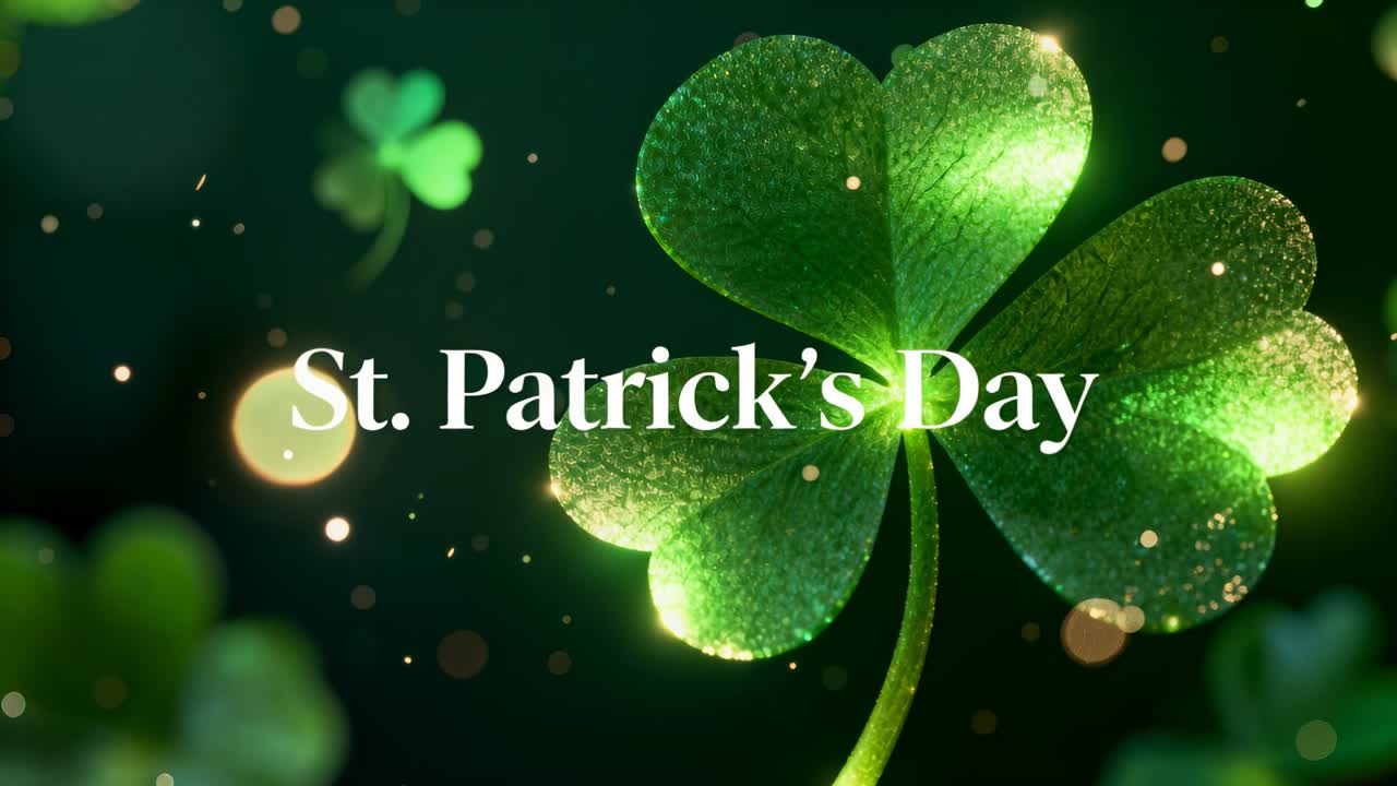 Animating large green four-leaf shamrock drifting in green backdrop, showing St Patrick's Day text