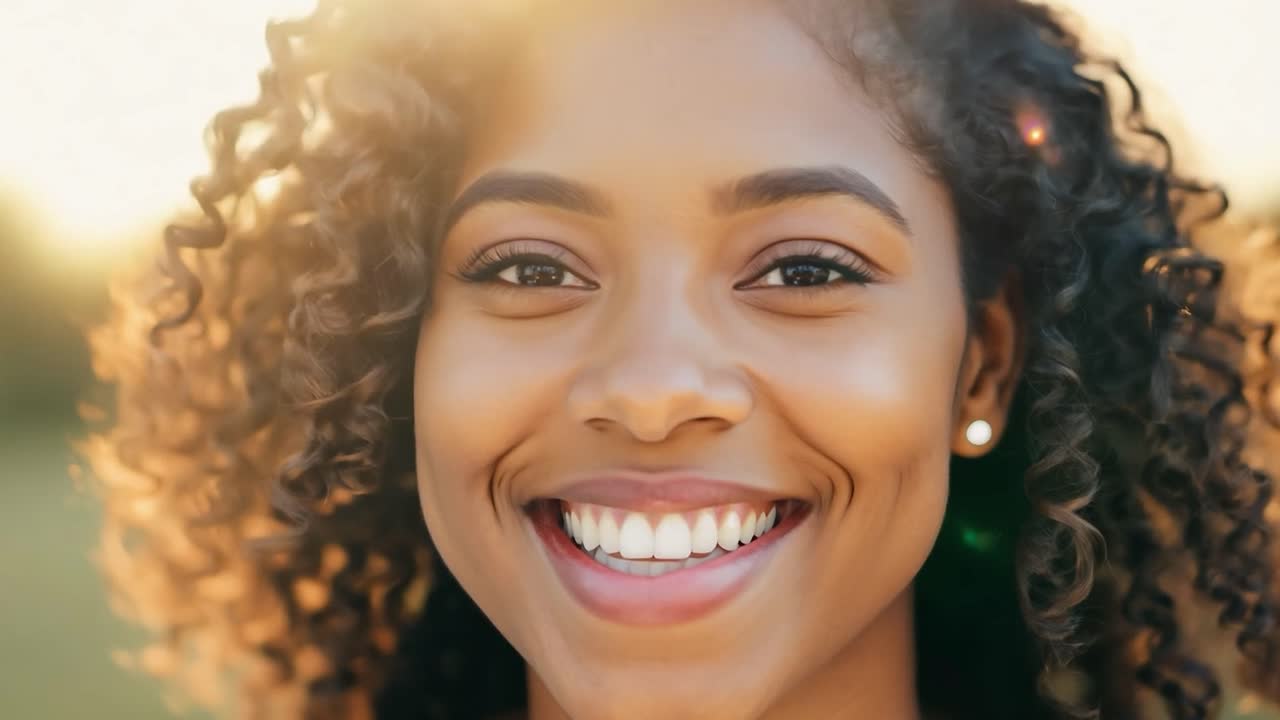 bella donna con i capelli ricci che sorride