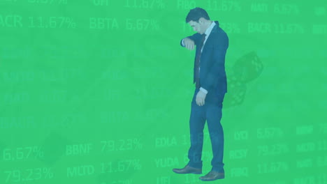 animation of data processing over caucasian businessman walking and dices