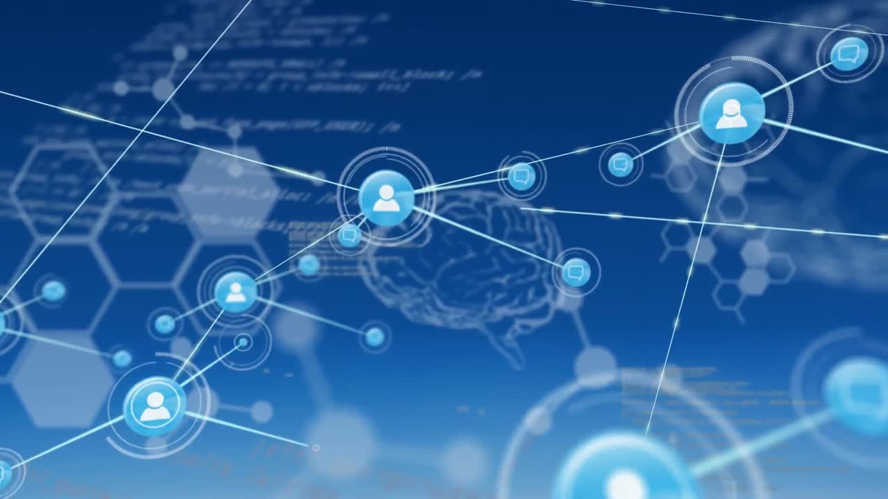 인간의 두뇌 위에 아이콘으로 연결된 네트워크의 애니메이션