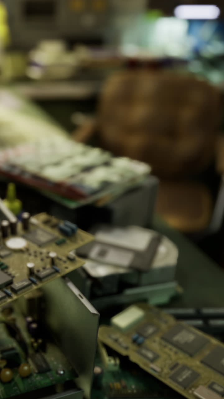 Circuit boards and electronic parts scattered on the workbench in workshop