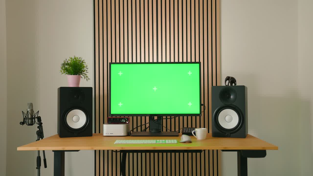 Minimalist home studio setup featuring a green screen monitor, speakers, microphone, and accessories on a wooden desk, ideal for recording and streaming.