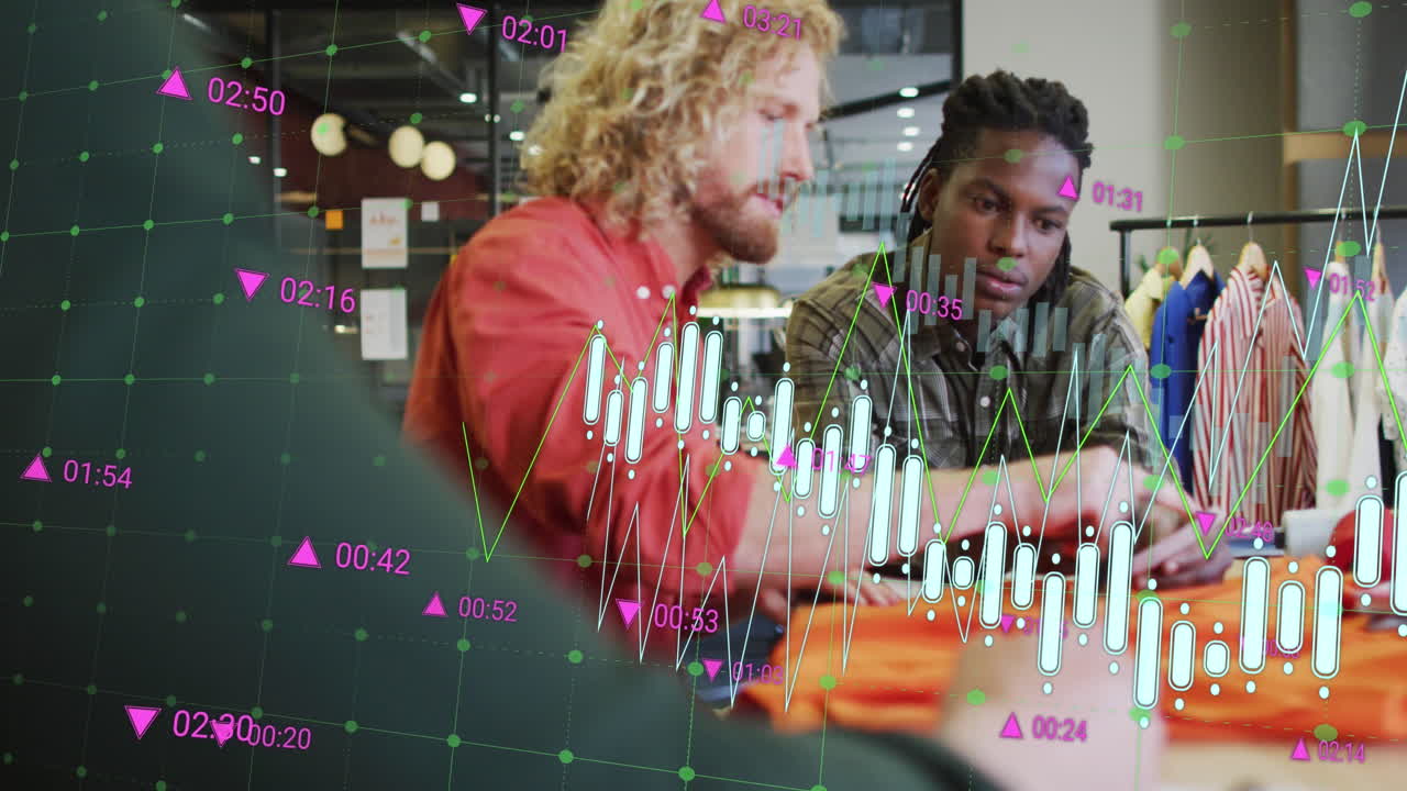 Animation of graphs with changing numbers over diverse designers discussing about clothes design