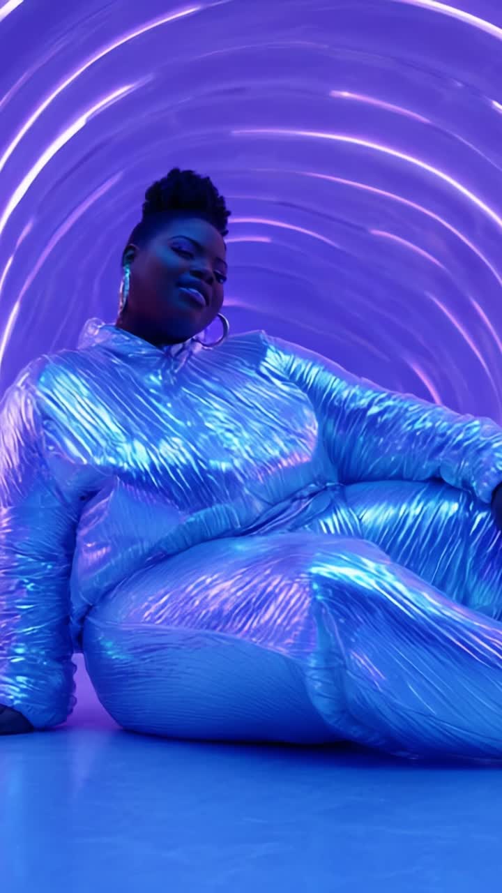 A confident individual in a shiny blue outfit lounges in a vibrant, circular illuminated space that creates a captivating and dynamic visual experience