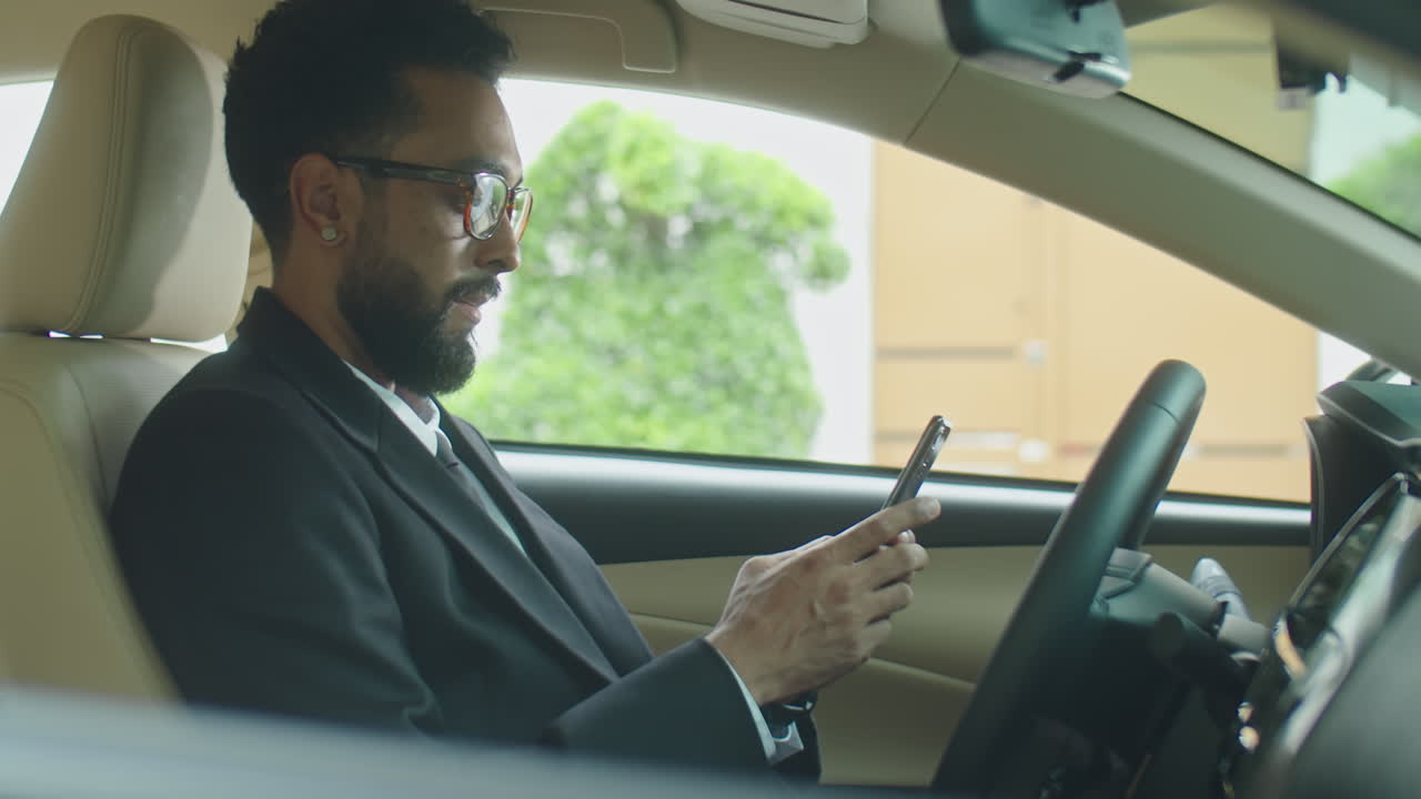 Businesswoman Browsing the Web on Phone in Car