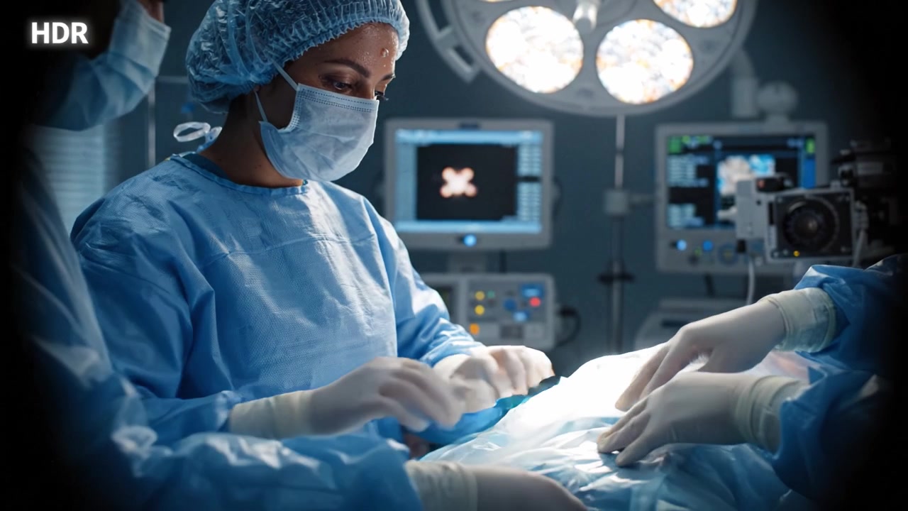 Kirurg forbereder kirurgisk procedure med patient under bedøvelse på operationsstuen, fokus på sterile teknikker og kirurgisk udstyr i et moderne sundhedsmiljø.