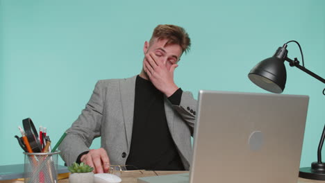 tired bored business man yawning sleepy feeling somnolent lazy overworked lack of sleep