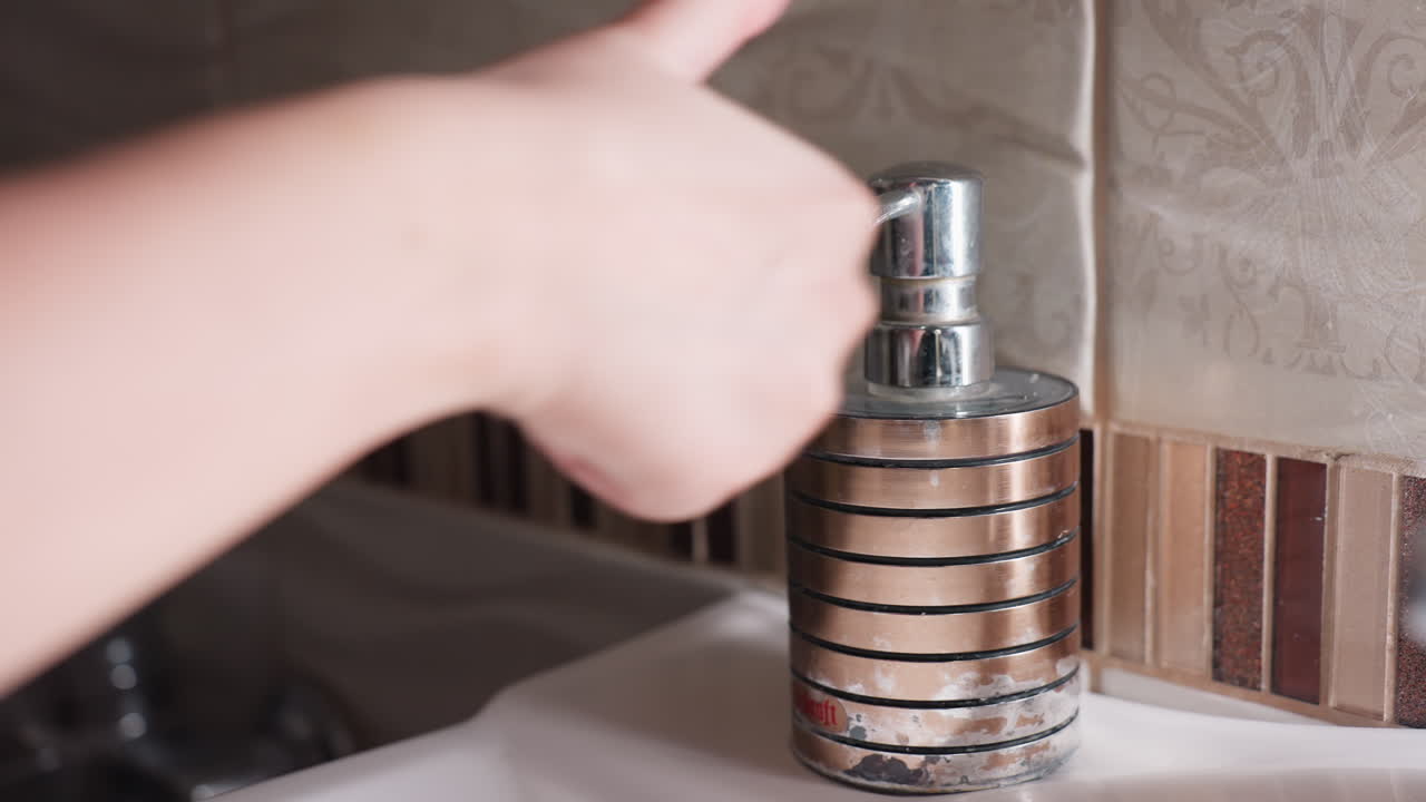 Close view female hand pressing soap dispenser in bathtub corner, chrome stacked pump on sink edge beside tiled wall, personal hygiene routine, liquid drops released for washing, soft bathroom light