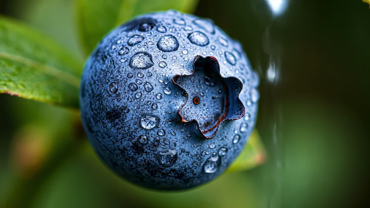 Close up of fresh blueberry with droplets on its surface in a natural setting showcasing vibrant colors and textures
