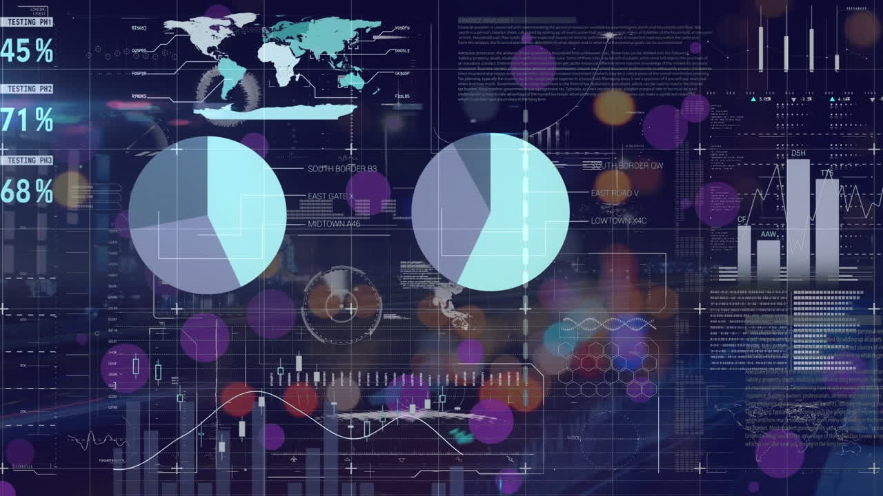 animación de una pantalla digital con diversos datos y gráficos sobre el tráfico vial nocturno borroso.