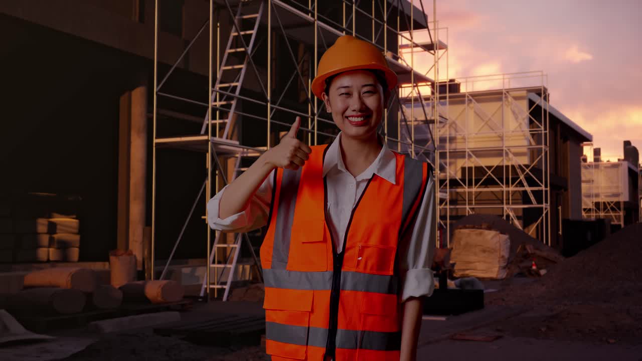 Asian Female Engineer With Safety Helmet Smiling And Showing Thumbs Up Gesture To The Camera While Standing At Construction Site in Progress to New House