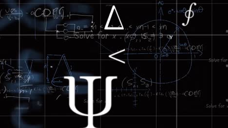 Animation-Mathematischer-Gleichungen-Und-Symbole,-Die-über-Einem-Gitternetz-Vor-Schwarzem-Hintergrund-Schweben