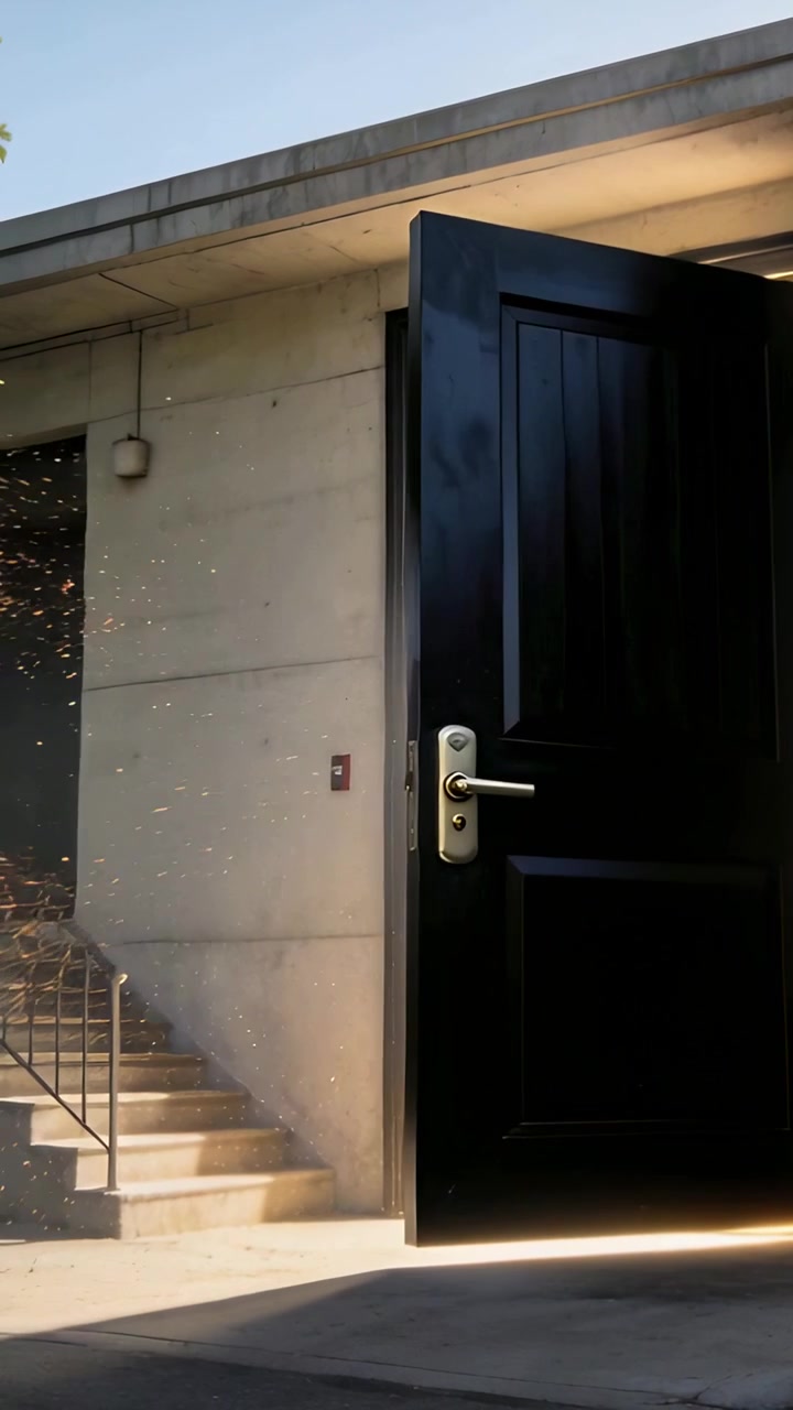 Vídeo vertical: Homem correndo fugindo da luz descendo degraus após a porta se abrir na entrada, faíscas, espaço para texto.