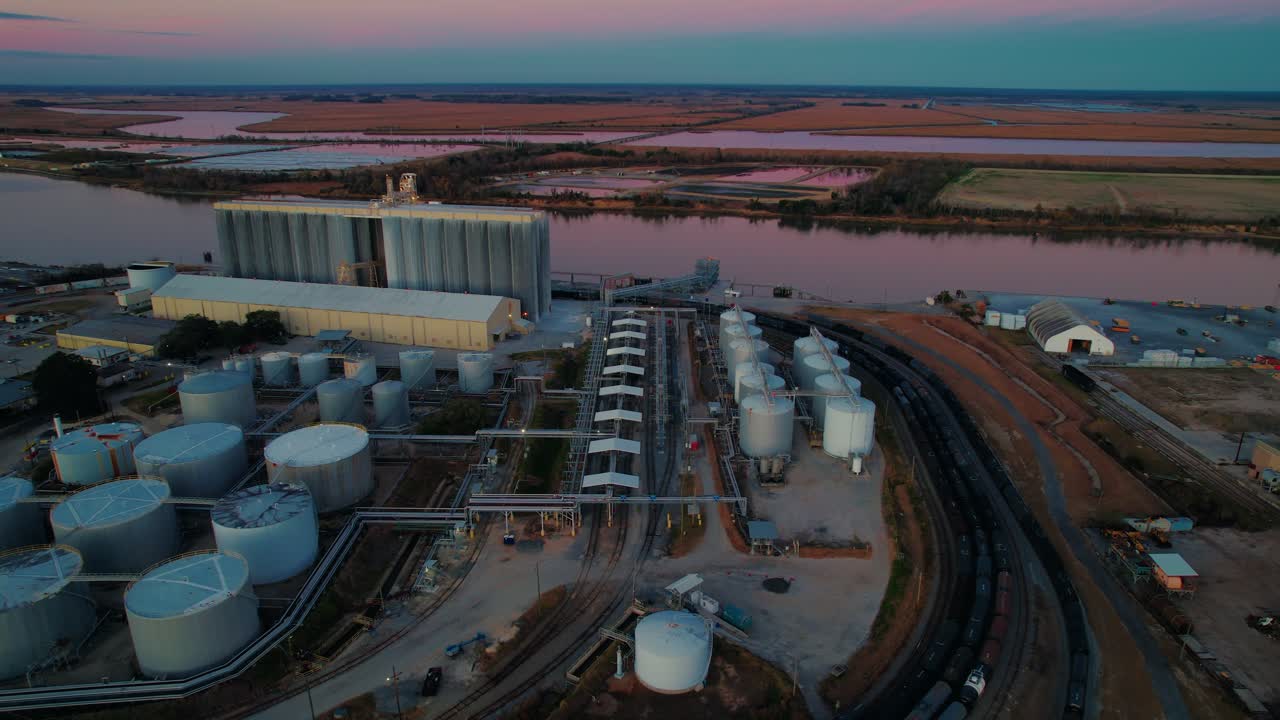 vista elevada del atardecer de las terminales coloniales en savannah, georgia: una de las mejores instalaciones de almacenamiento de líquidos y productos secos en masa en la red sureste.