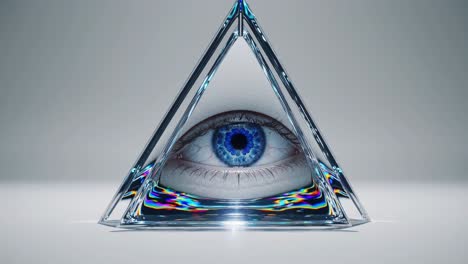 translucent glass pyramid harboring mystical eye, radiating iridescent reflections against pristine white background, symbolizing hidden knowledge and esoteric vision