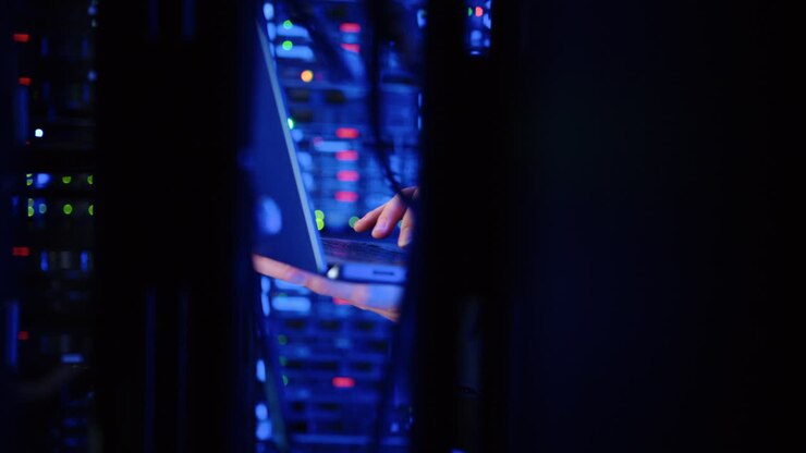 Man analysing servers and programming on a computer in a data center