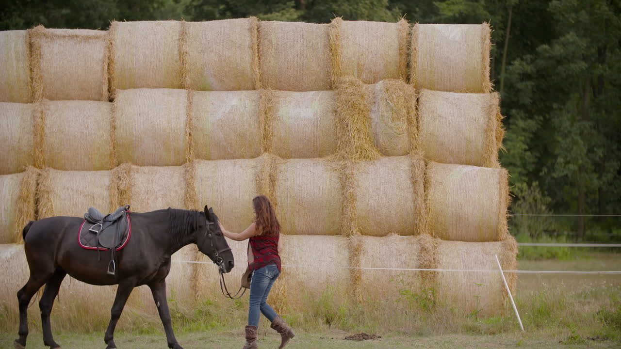 Woman with Horse in Field with Hay Bales