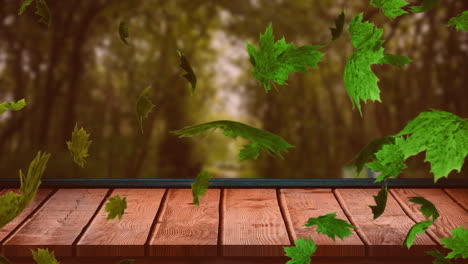 animation of autumn leaves falling over trees and wooden surface