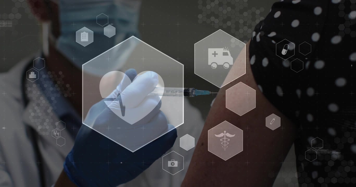 Clínico alinhando seringa ao braço, perfurando a pele e vacinando, enquanto ícones hexagonais médicos se sobrepõem