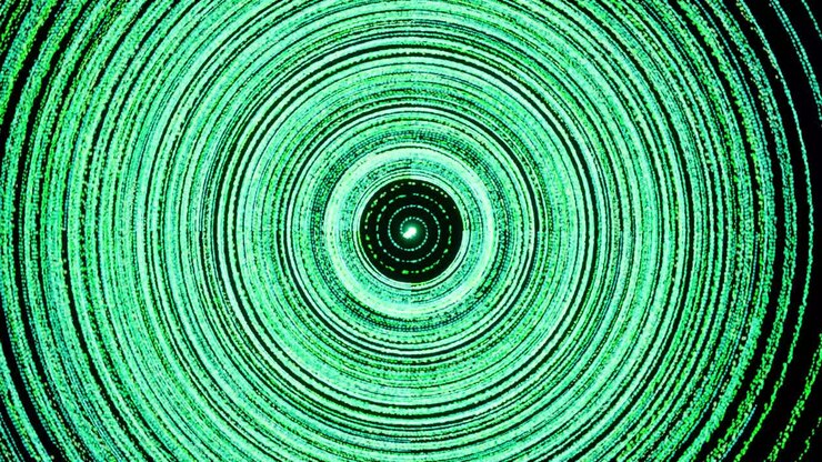 Visual effects, VFX, particle green circles on black background 3D animation