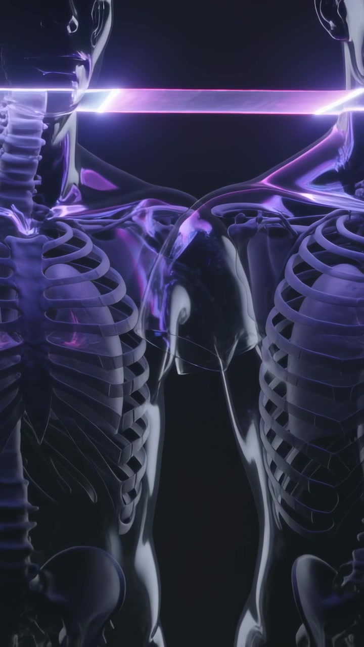 Vertical video: Appearing purple beam scanning down two torsos in void, revealing glowing lungs