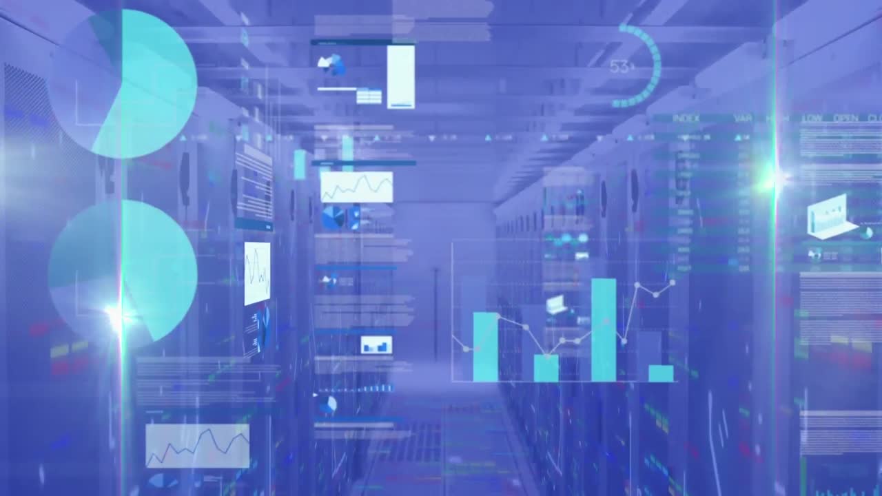 Animation of light spots and screens with data processing against computer server room
