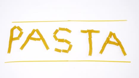 text pasta written by pasta on white background and framed by spaghetti